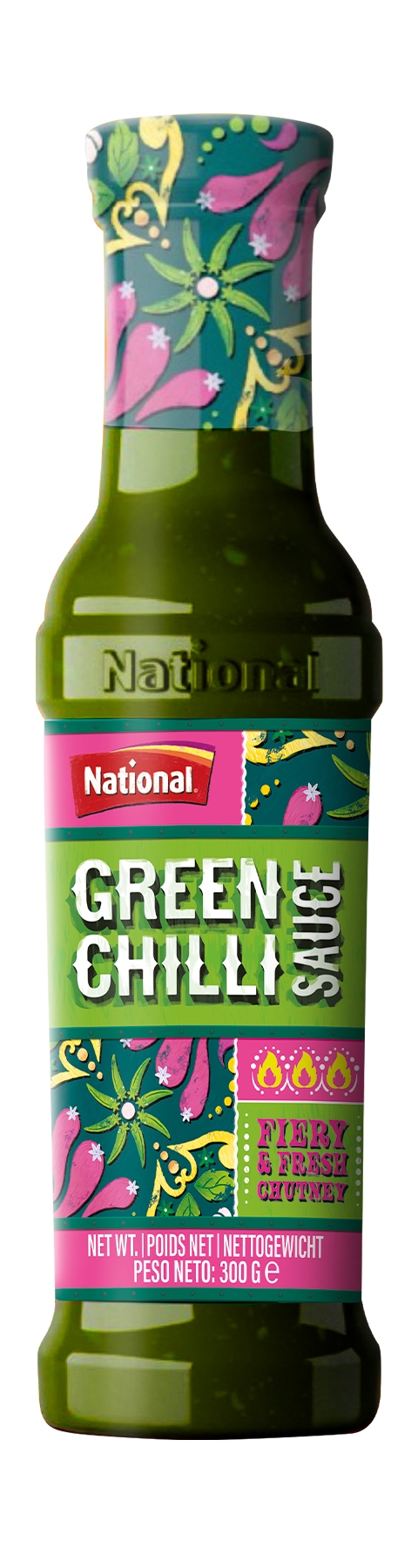 National Green Chilli Sauce er en frisk og krydret saus med grønn chili, hvitløk og koriander – perfekt for å gi ekstra smak til snacks og måltider.