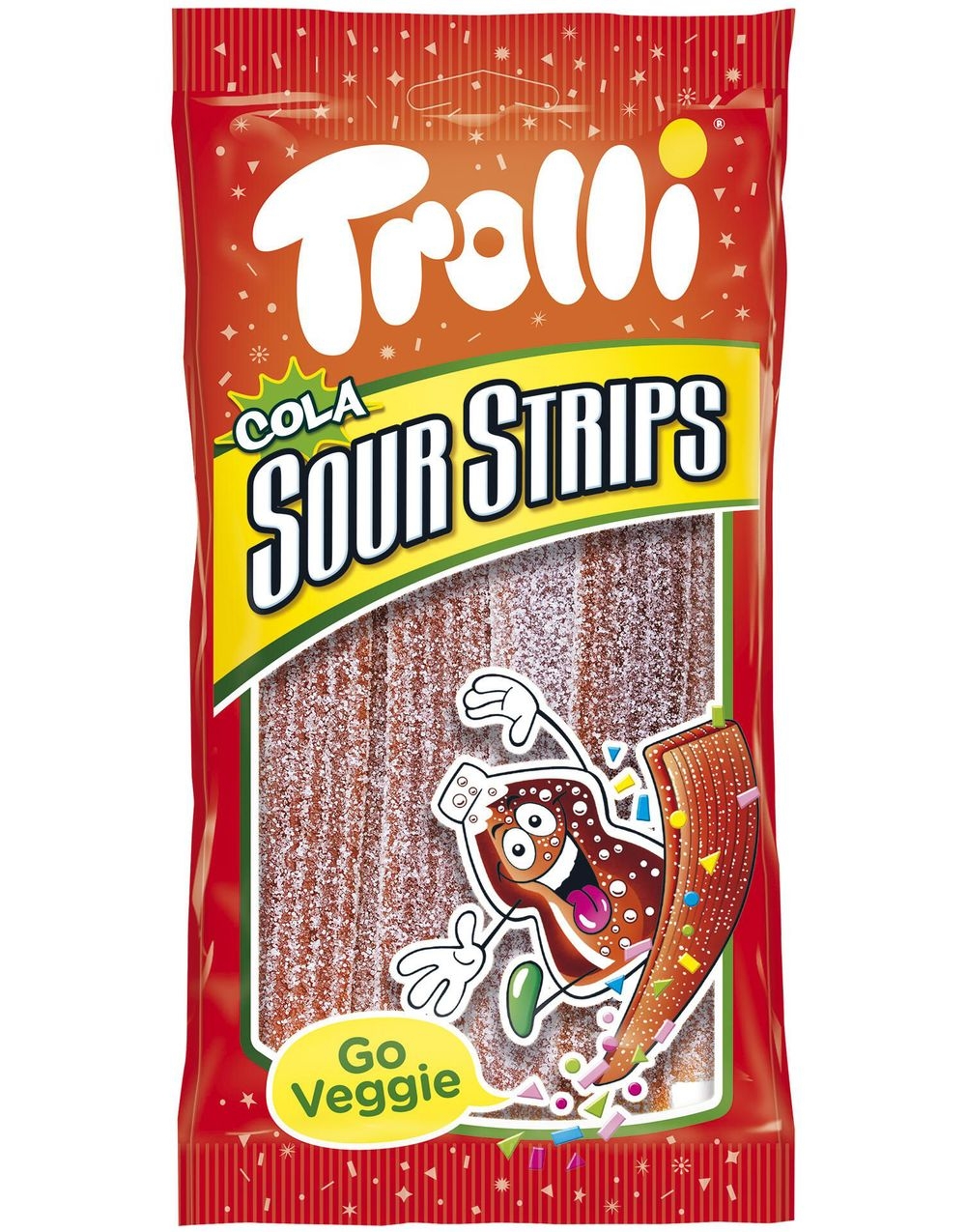 Trolli Sour Strips Cola 85g gir en syrlig og sprudlende smak av cola i myke, seige strimler. Perfekt for deg som elsker en kombinasjon av søtt og surt i hver bit!