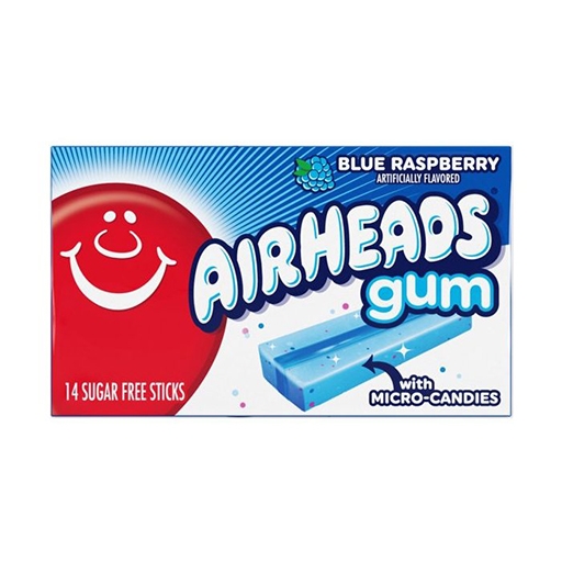 Airheads Blue Raspberry Gum Box 14 Stick tilbyr en sprø og fruktig tyggegummiopplevelse med intens smak av blå bringebær. Perfekt for en søt og smakfull pause!