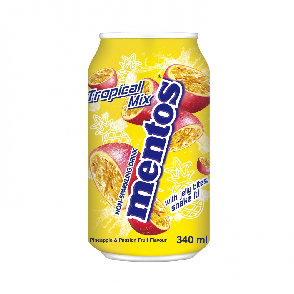 Mentos Tropical Mix 340ml tilbyr en forfriskende blanding av tropiske smaker i hver tygge. Perfekt for deg som ønsker en søt og fruktig opplevelse på farten!